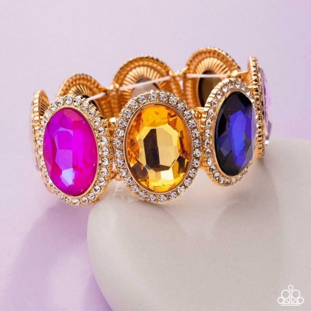 Gold Multi-Stone Stretch Bracelet with Pink, Amber & Purple Gems